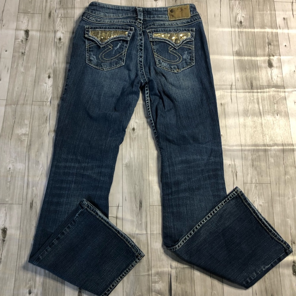 Silver Jeans Womens 28 Suki Surplus Distressed Bootcut Sequins Jeans